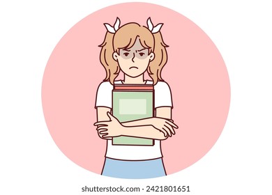 Girl with textbooks is upset because of bad grades at school or lack of friends among classmates. Schoolgirl with pigtails stands clutching books to chest and looking at camera. Flat vector image