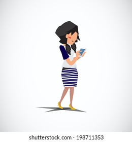 girl texting on her cellphones social networking. walking - vector illustration