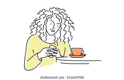 Girl texting on the smart phone in a restaurant. Hand drawn vector illustration.