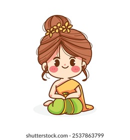 Girl in Thai dress sitting cross-legged hand drawn cartoon, vector illustration