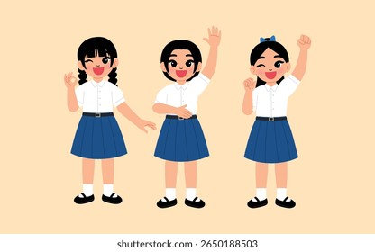 girl in Thai school high school uniform ok hand , smile girl cartoon raise hand, happy student character raise fist illustration