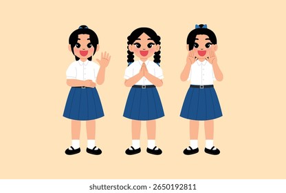girl in Thai school high school uniform wave hand, smile girl cartoon respecting to greeting, happy student character telling or announce illustration