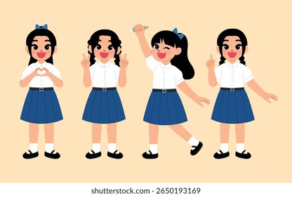 girl in Thai school high school uniform hold pencil up , smile girl cartoon making heart hand, two finger, happy student character index finger up illustration