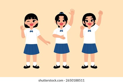 menina em escola tailandesa uniforme de escola média ok mão, sorriso menina desenho animado levantar mão, personagem de estudante feliz levantar a ilustração do punho