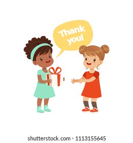 Girl thanking a friend for a gift, kids good manners concept vector Illustration on a white background