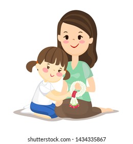 Girl  Thanksgiving and Hugging Mother with Thai Garland in Thai Mother's Day