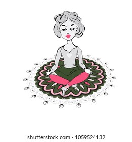 girl that does yoga on a background of green mandala An isolated figure. Vector.