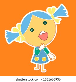 girl that is expressing overwhelming joy with wide smile and hypnotized spiral eyes, simple colored emoticon,  vector emoji in color, funny cartoon character from a set