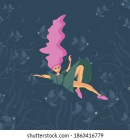 A girl that's under water among fish and seaweed, flat