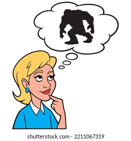 Girl thinking about Bigfoot - A cartoon illustration of a Girl thinking about the legend of Bigfoot.