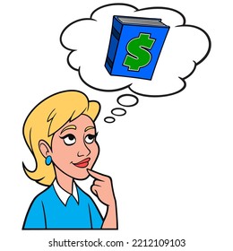 Girl thinking about the Blue Book Value - A cartoon illustration of a Girl thinking about the Blue Book estimated value of a vehicle.