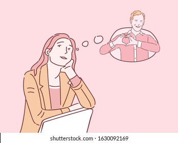 Girl thinking about boyfriend flat color illustration. Young woman imagining sweetheart, romantic dreaming isolated vector cartoon character. Falling in love lady with man inside speech bubble