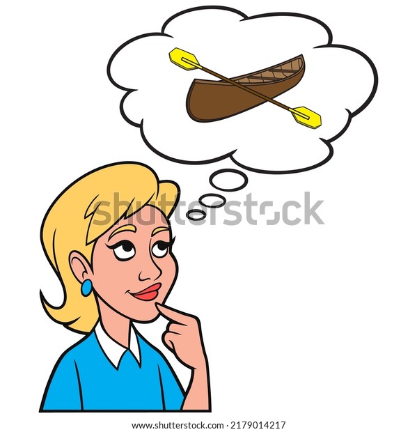 Girl thinking\
about a Canoe and Paddles - A cartoon illustration of a Girl\
thinking about a Canoe and\
Paddles.