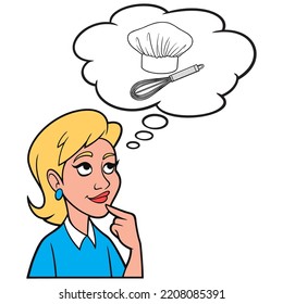 Girl thinking about a Chef Hat - A cartoon illustration of a Girl thinking about being a Baking Chef.