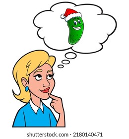 Girl Thinking About A Christmas Pickle - A Cartoon Illustration Of A Girl Thinking About A Christmas Pickle.