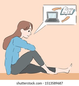 Girl thinking about circulation of information in the web vector illustration freelance business concept