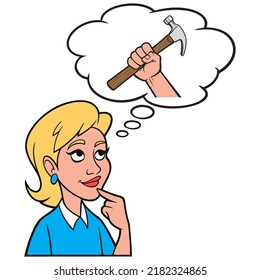 Girl thinking about a Construction Project - A cartoon illustration of a Girl thinking about a Construction Project.