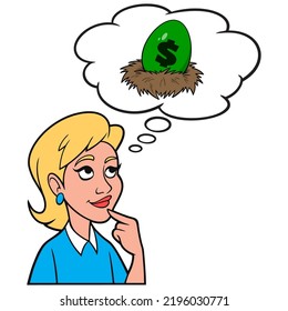 Girl thinking about creating a Nest Egg - A cartoon illustration of a Girl thinking about creating a Nest Egg for retirement.