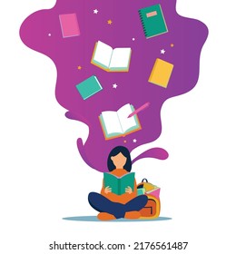 Girl thinking about educational work. Back to the school vector art. Premium vector art 2d illustration. EPS 10 vector design 