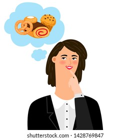 Girl thinking about fresh baking. Vector woman and bakery products. Body positive concept