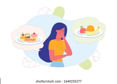 Girl Thinking about Healthy and Junk Food Flat Cartoon Vector Illustration. Bubbles with two Plates. Banana, Orange and Apple on One, Vitamins. Dish with Cupcakes and Sweets, Calories.