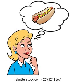 Girl thinking about a Hotdog - A cartoon illustration of a Girl thinking about a Hotdog for lunch.