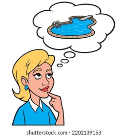 Girl thinking about a Inground Swimming Pool - A cartoon illustration of a Girl thinking about a new inground swimming pool.