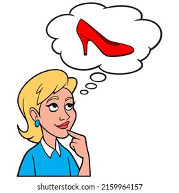 Girl thinking about Ladies Dress Shoes - A cartoon illustration of a Girl thinking about Ladies Dress Shoes.