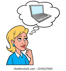 Girl thinking about a Laptop Computer - A cartoon illustration of a Girl thinking about a Laptop computer.