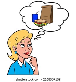 Girl thinking about Lunch - A cartoon illustration of a Girl thinking about packing a lunch for work.
