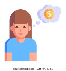 Girl thinking about money, flat icon of money minded 