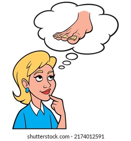 Girl thinking about Nail Fungus - A cartoon illustration of a Girl thinking about Nail Fungus infection.