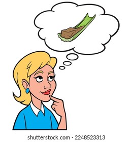 Girl thinking about Peanut Butter and Celery - A cartoon illustration of a Girl thinking about eating Peanut Butter and Celery for a snack.