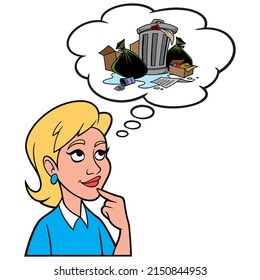 Girl thinking about a pile of Garbage - A cartoon illustration of a Girl thinking about the environmental impact of Garbage.