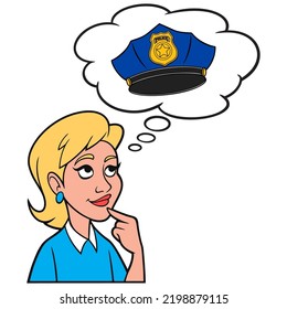 Girl thinking about a Police Hat - A cartoon illustration of a Girl thinking about a career as a Police officer.