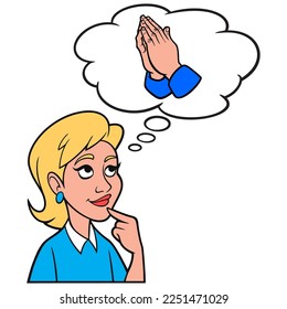 Girl thinking about Praying at Church - A cartoon illustration of a Girl thinking about Praying at church.