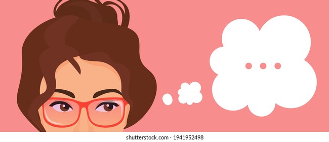 Girl thinking about problem with dots in think bubble, expression portrait with eyes