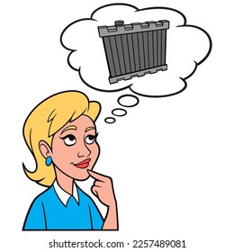 Girl thinking about a Radiator - A cartoon illustration of a Girl thinking about buying a new Radiator.