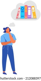 Girl thinking about reading. Speech bubble wih books on shelf. Cloud with thought of bookshelf above woman. Lady dreams of reading literature. Books, textbooks on shelf in thoughts vector illustration