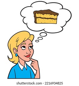 Mädchen, die an eine Scheibe Kuchen denken - Eine Cartoon-Illustration eines Mädchens, das darüber nachdenkt, eine Scheibe Kuchen zu essen.