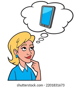 Girl thinking about a Smartphone - A cartoon illustration of a Girl thinking about getting a new Smartphone.