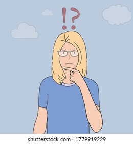 A girl is thinking about solving a problem. It symbolizes an employee or student who is engaged in mental work and solving complex problems, to find tension in the neurom.