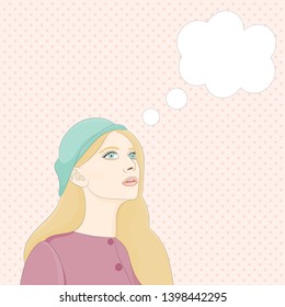 the girl is thinking about something, a cloud of thought