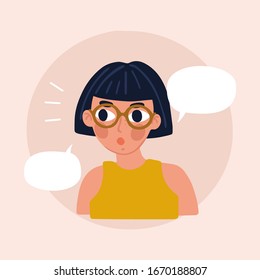 Girl thinking about something. Cute Girl Says Something. Beautiful young girl portrait. Cartoon vector girl. Handdrawn illustration.