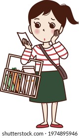 A girl thinking about something and shopping basket   cabbage 