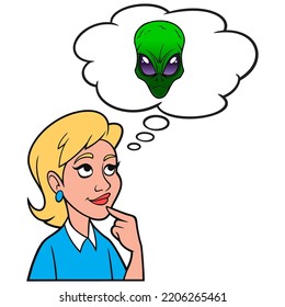 Niña pensando en un Alien espacial - Una caricatura ilustrativa de una chica pensando en un Alien espacial de otro mundo.