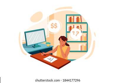 Mädchen, die über die Idee des Startup-Idee Vector Illustration Konzept. Flache Illustration einzeln auf weißem Hintergrund.