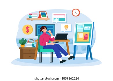 Girl thinking about startup idea Vector Illustration concept. Flat illustration isolated on white background.