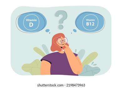 Mädchen denken darüber nach, Vitamine flach Vektorgrafik. Frauen kümmern sich um die Gesundheit. Arzneimittel, Gesundheitsversorgung, Behandlung, Verschreibungskonzept für Banner, Website-Design oder Landing-Website