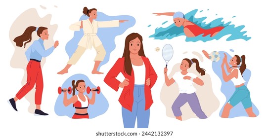 Girl thinking about variety of physical exercises, sport activity and games. Young woman training with dumbbells and ball, jogging and swimming, taekwondo and tennis cartoon vector illustration